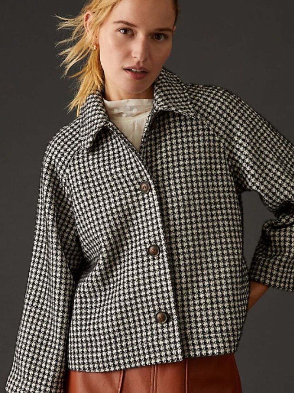 Greylin Houndstooth Cropped Swing Jacket Black White Size XS